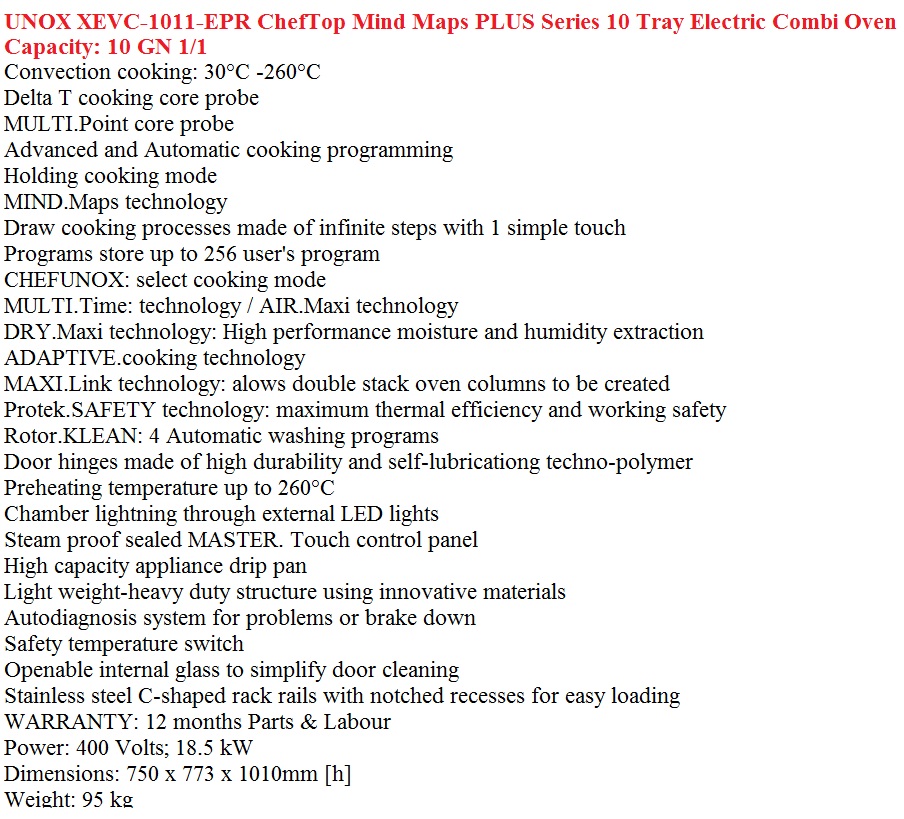 thông số kỹ thuật lò nướng UNOX, XEVC-1011-EPR